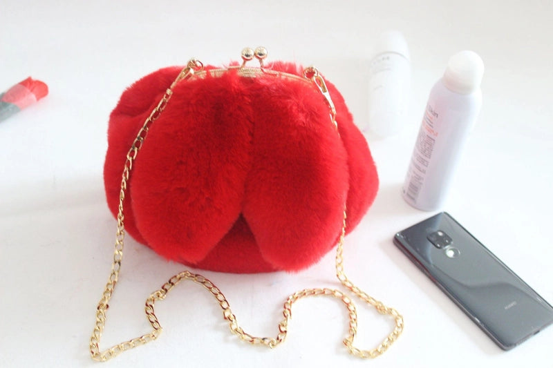 Women’s Plush Rabbit Solid Color Cute Round Lock Clasp Handbag Crossbody Bag