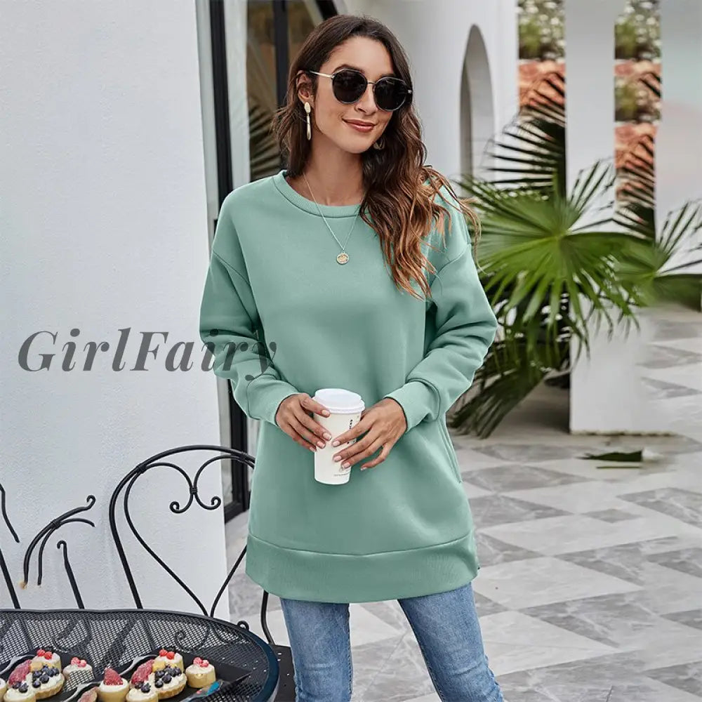 Girlfairy Fashion Autumn Women Long Hoodie Korean Style Crewneck Sweatshirt Casual Solid Sleeve Top
