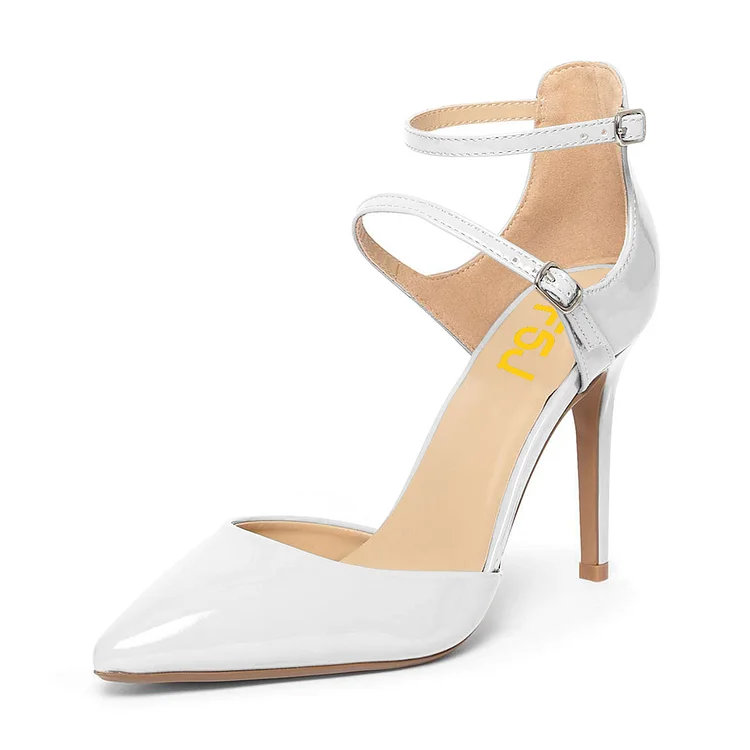 Women's White Pointed Toe Ankle Strap heels  Pumps |FSJ Shoes