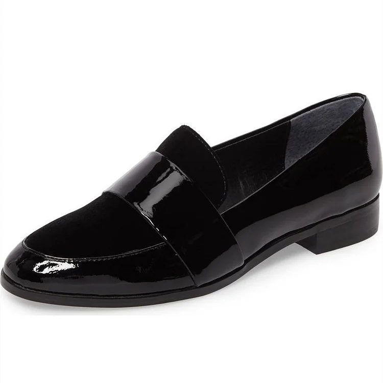Black Patent Leather Loafers for Women Round Toe Flats |FSJ Shoes
