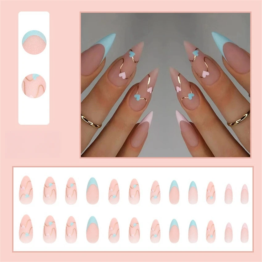 Boycrud 24Pcs/Set Short Almond Nails – Simple Europe States Full Coverage Press-On Nails Removable False Nails Tips  