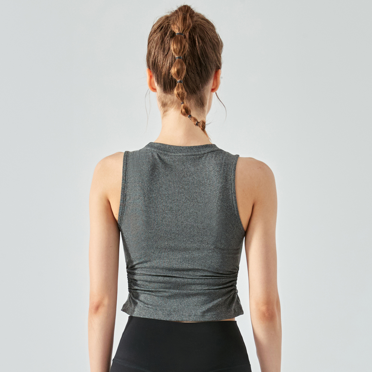 Buy different colors and types of shockproof scrunch side hollow-out ribbed gym tank top with removable cups on Hergymclothing Dark Gray