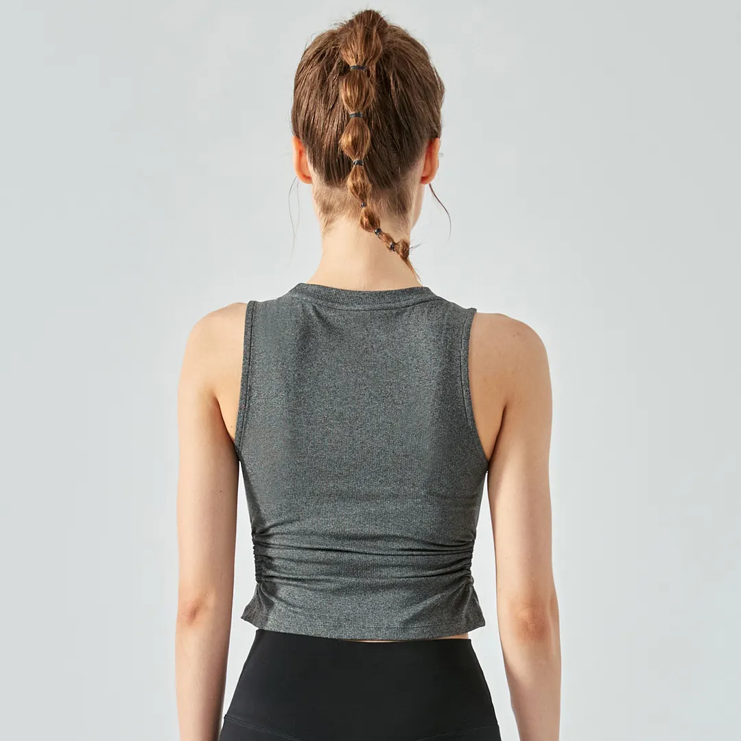 Buy different colors and types of shockproof scrunch side hollow-out ribbed gym tank top with removable cups on Hergymclothing Dark Gray