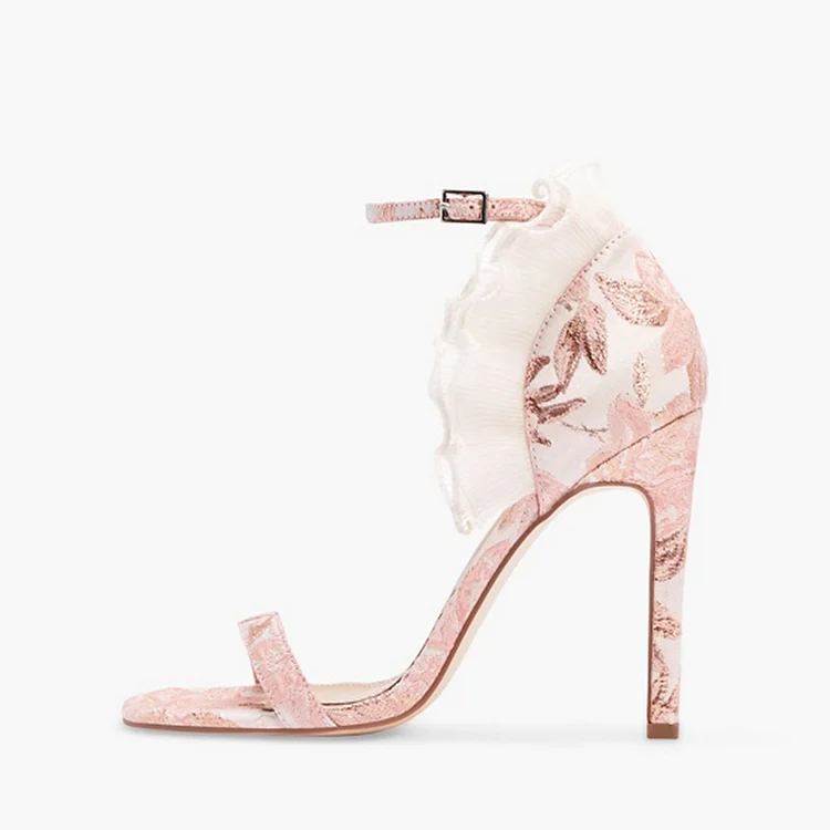 Light Pink Floral Heels Square Toe Ankle Strap Ruffle Wedding Shoes |FSJ Shoes