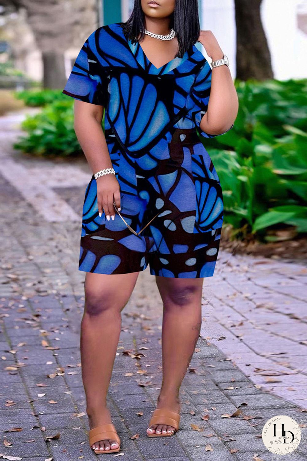 Red Fashion Casual Print Basic V Neck Loose Short Sleeve Romper