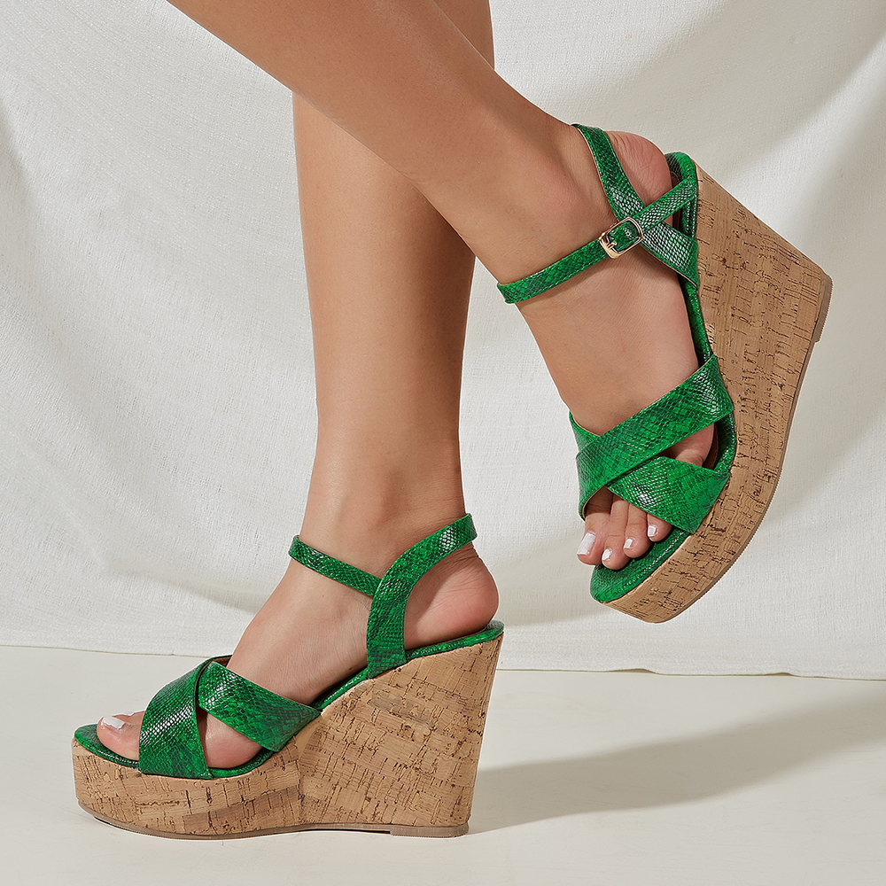 Green Open Toe Wedge Heel Ankle Strap Platform Sandals Nicepairs
