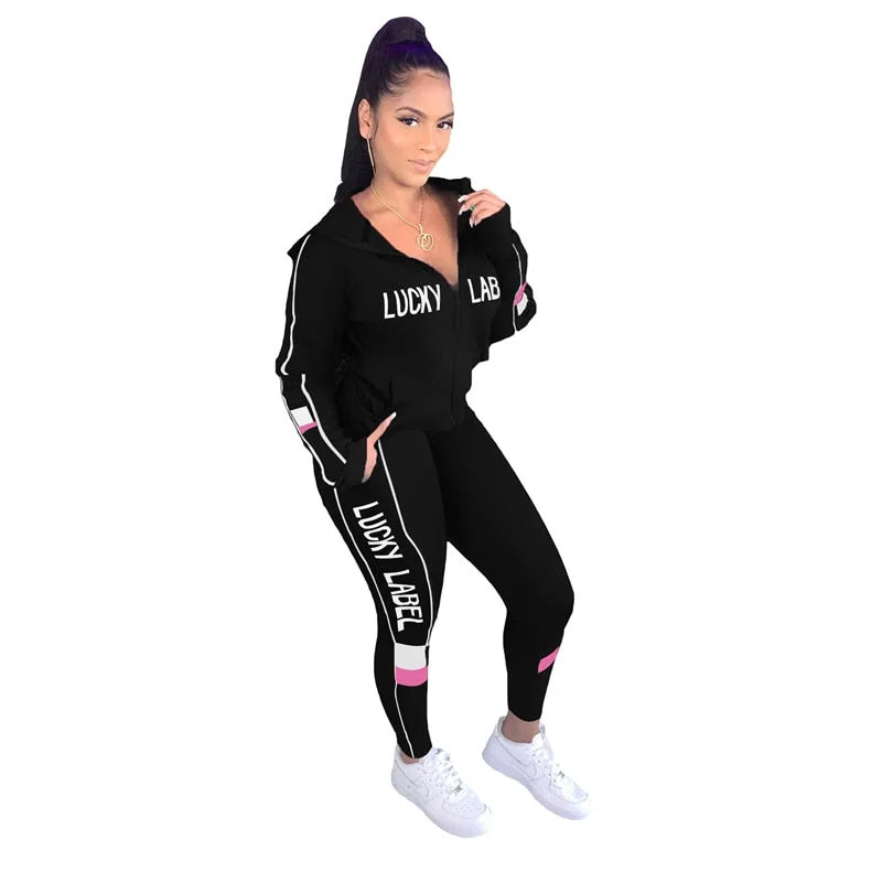 Lucky Label Two Piece Set Women Fall Clothes Sweatsuit Top Jacket Sport Pants Fitness Outfit Matching Set Wholesale Dropshpping