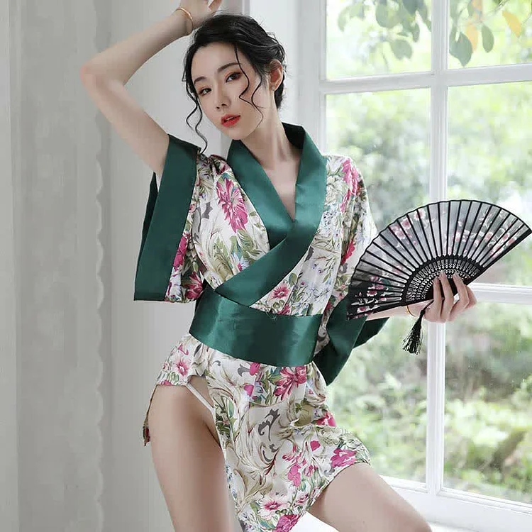 V-neck Floral Print Flared Sleeves Kimono Dress Lingerie Set - Modakawa Modakawa