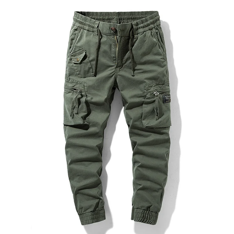 Men's Outdoor Elastic Waist Cotton Multi-Pocket Casual Cargo Pants