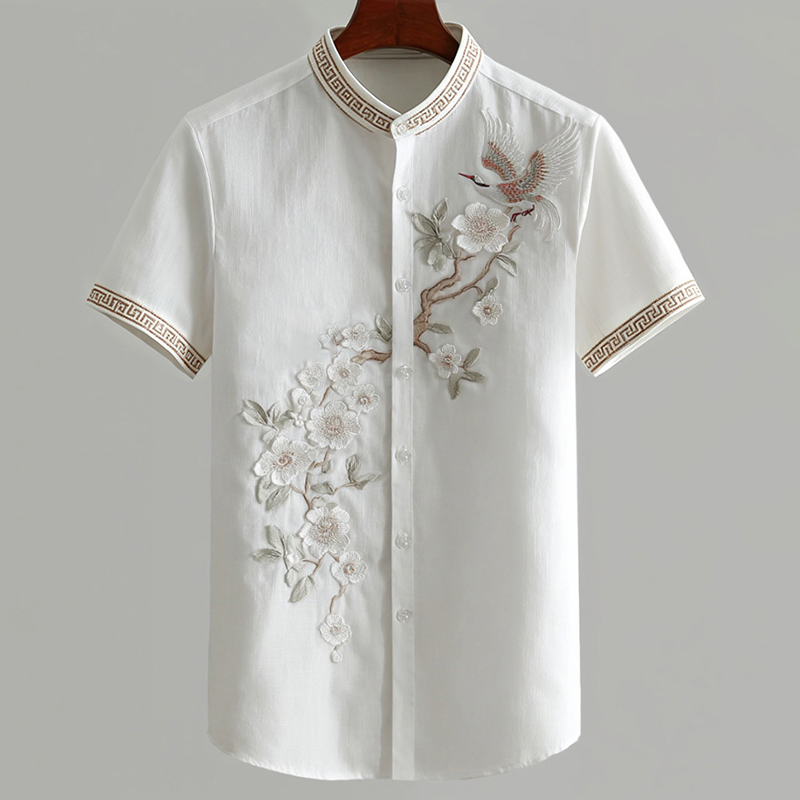 Men's Japanese Floral Crane Art Linen Blend Short-sleeve Shirt elevenforest