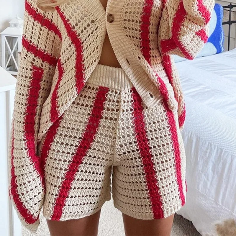 Ueong 2022 Autumn Knitted Long Sleeve Cardigan Women Red Stripe Loose V Neck Oversized Sweater Tops Fashion Casual Pullover