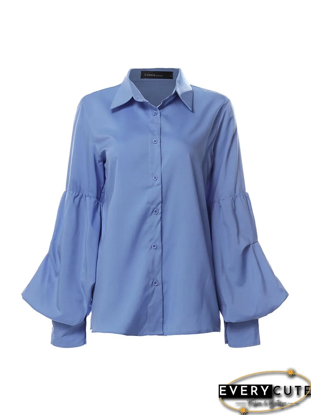 Solid Color Turn Down Collar Button Down Bishop Blouse