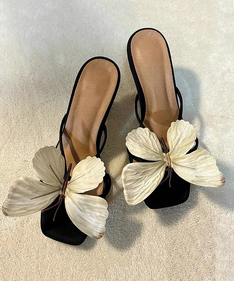 2025 New Bow Flower Square Toe High Heels Slide Sandals