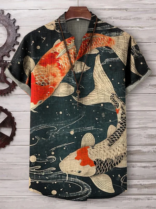 Men's Retro Koi Flowers Art Print V Neck T-Shirt