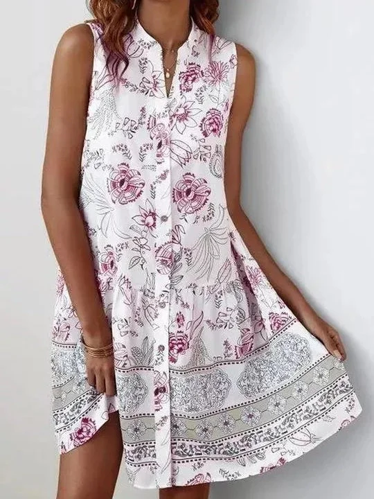 Fresh Button Placket V-NECK Sleeveless Maxi Dress
