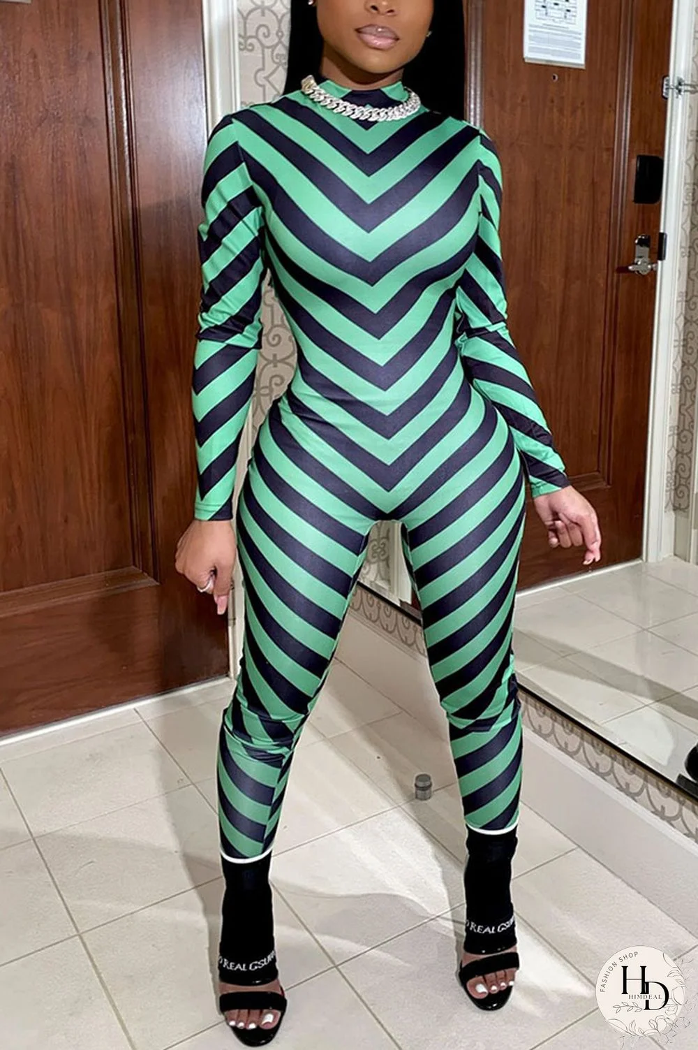 Green Fashion street Striped Milk. Long Sleeve O Neck Jumpsuits