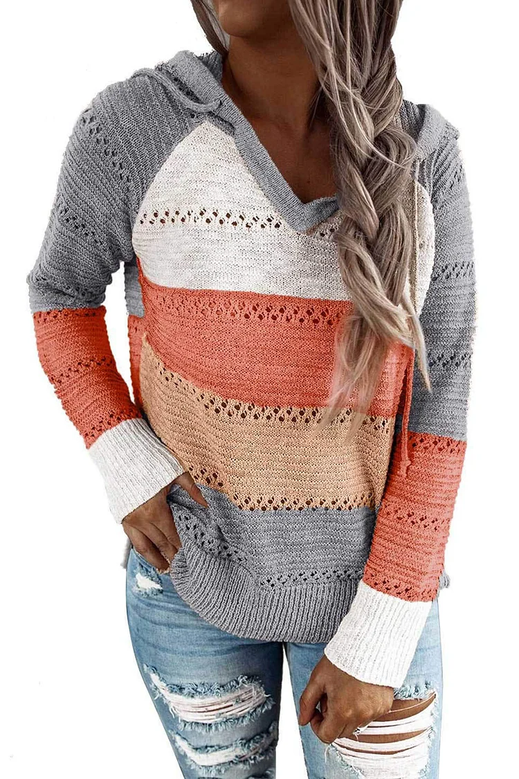 Plus Size Casual Orange Crochet Hooded Colorblock Sweater