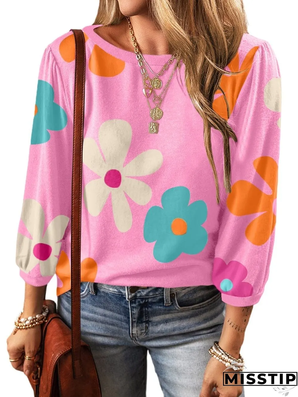 Floral Print Balloon Sleeve Top for Women
