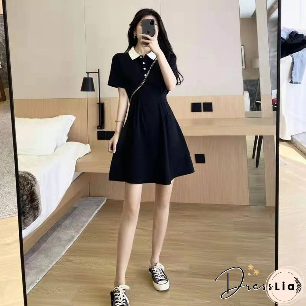 Short Sleeve Dress Women Ins Empire Simple Black Basic Summer Trendy Preppy Girls Clothing Leisure A-Line Mujer Vestido Retro