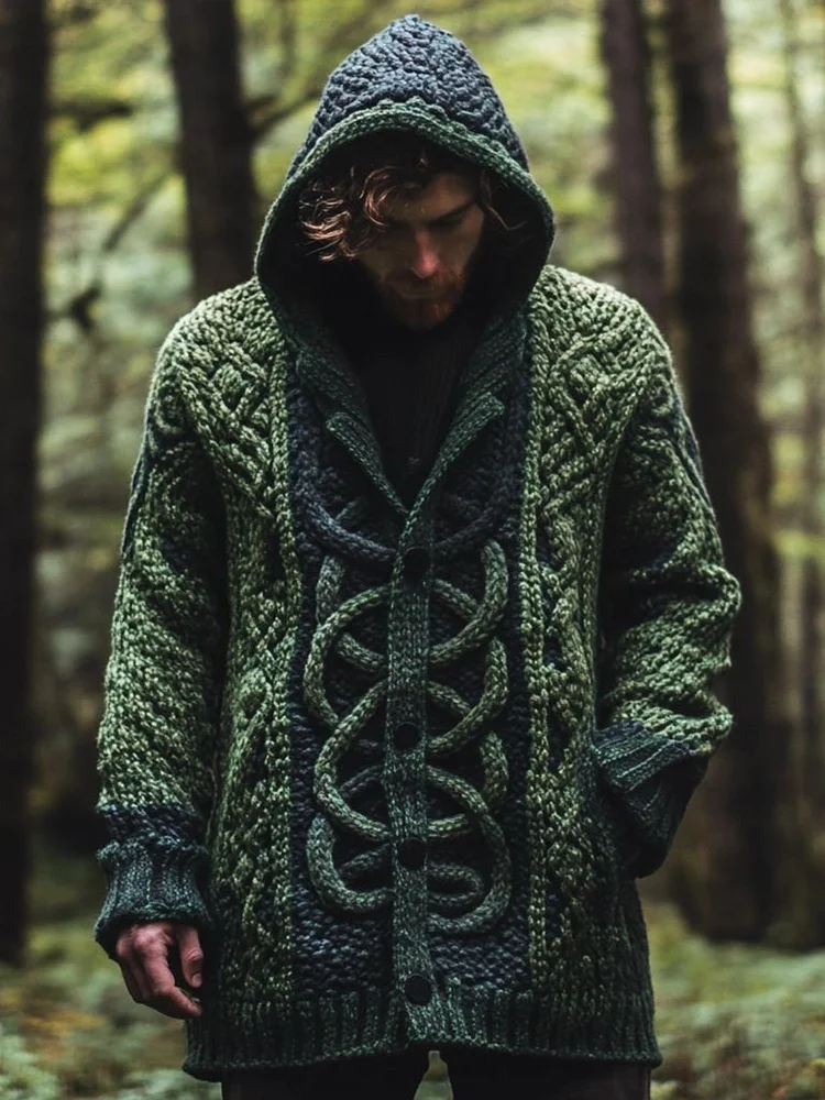 Men's Vintage Celtic Knot Chunky Knit Hooded Cardigan