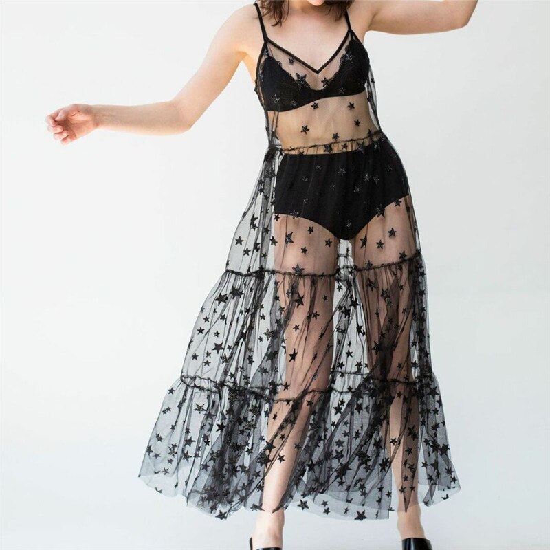 Lindacameron stylish dresses New Women Girl Mesh Sheer Sling Sleeveless Fashion Dress V-Neck Cover Up Sequins Star Print Strap Dress