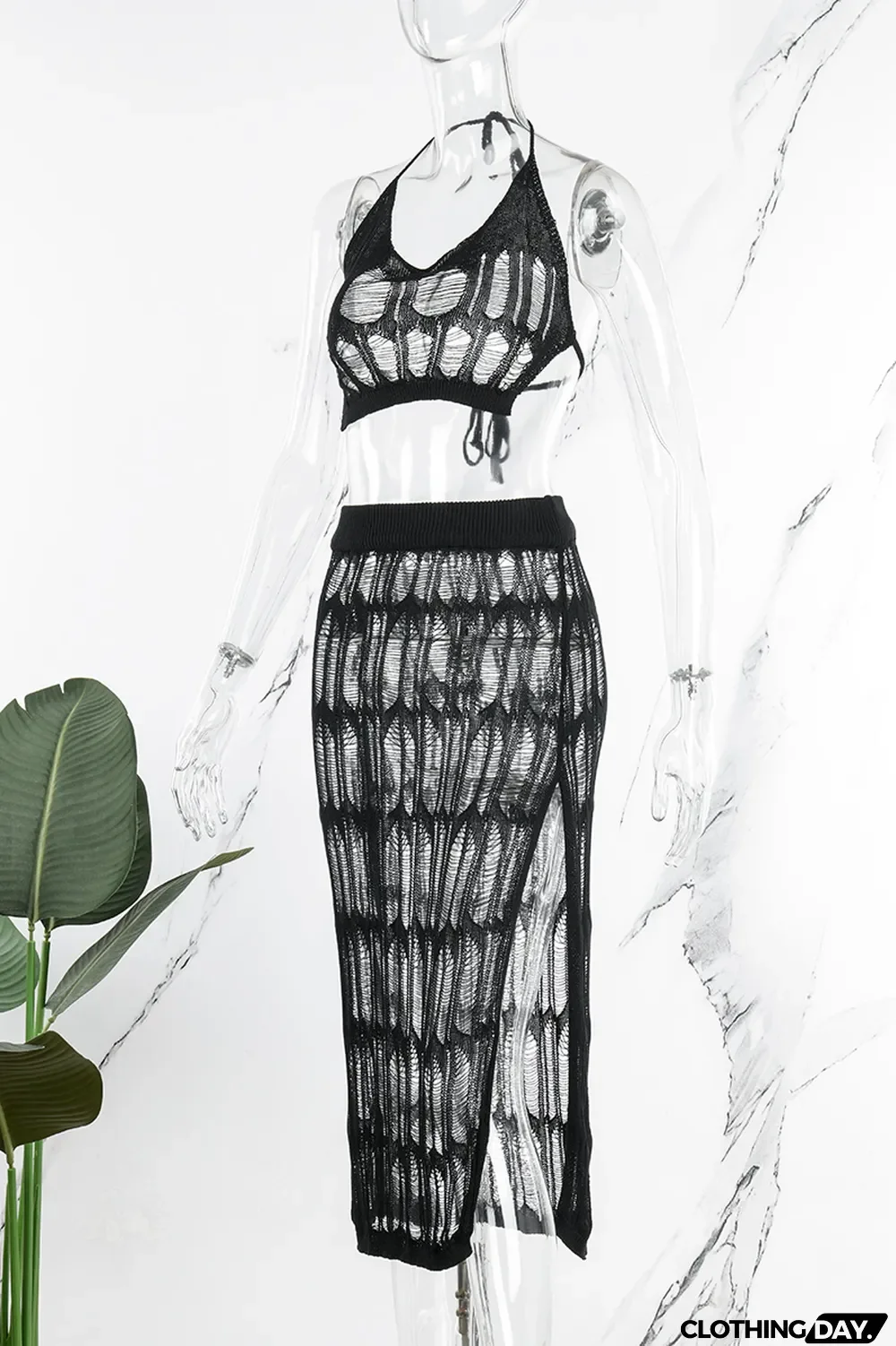 Khaki Sexy Solid Hollowed Out Patchwork Backless Slit Halter Sleeveless Two Pieces