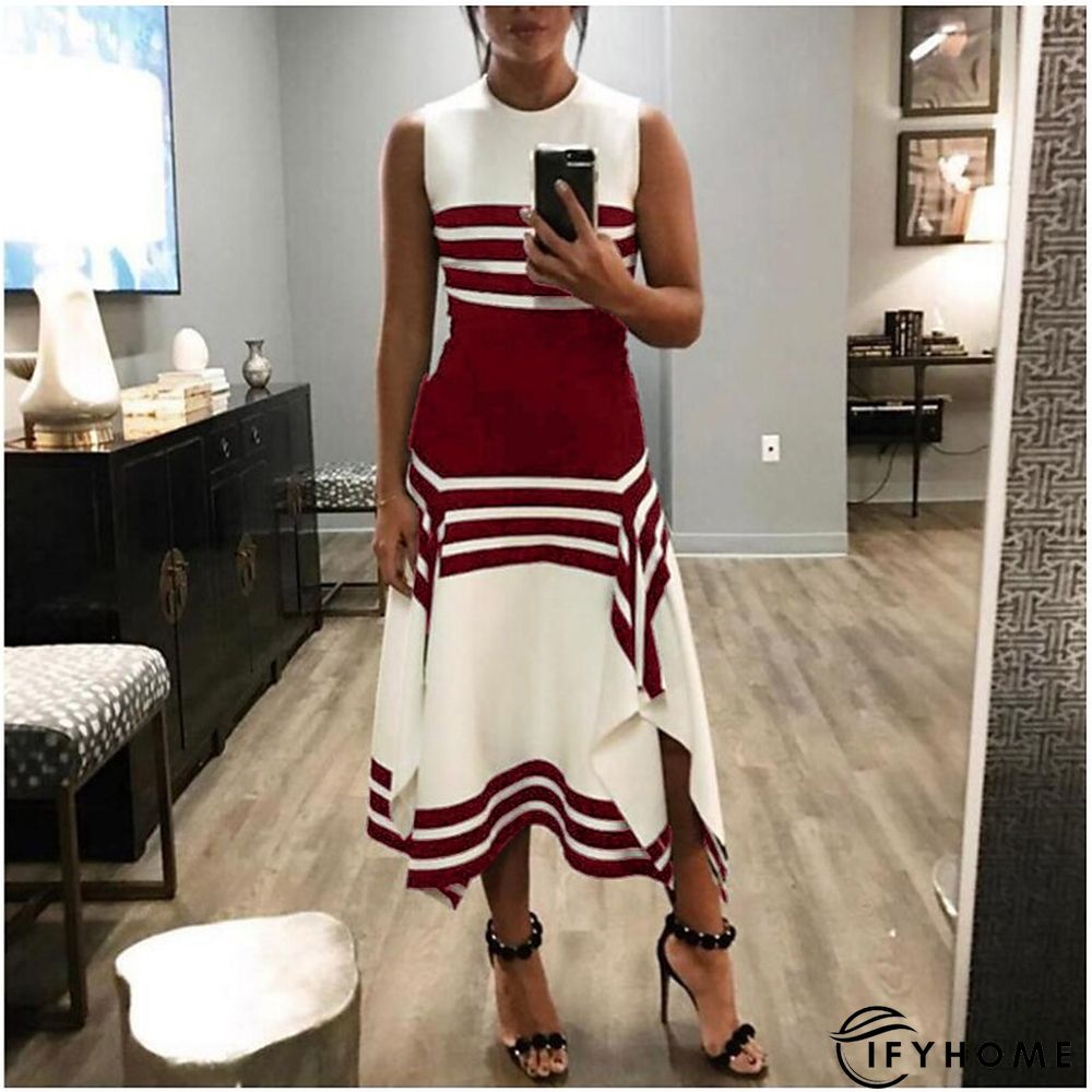 Women's Work Dress Midi Dress White collar stripes Black collar stripes Green Short Sleeve Color Block Print Spring Summer Crew Neck S M L XL XXL XXXL | IFYHOME