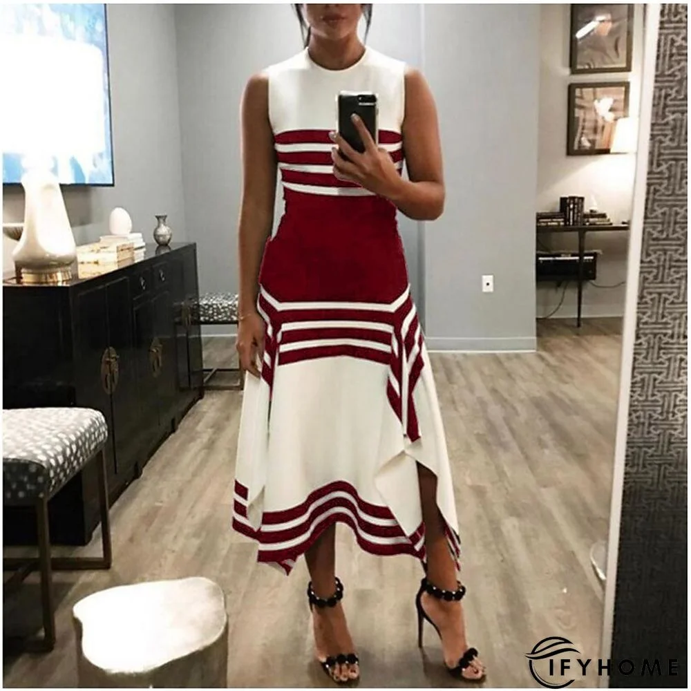 Women's Work Dress Midi Dress White collar stripes Black collar stripes Green Short Sleeve Color Block Print Spring Summer Crew Neck S M L XL XXL XXXL | IFYHOME