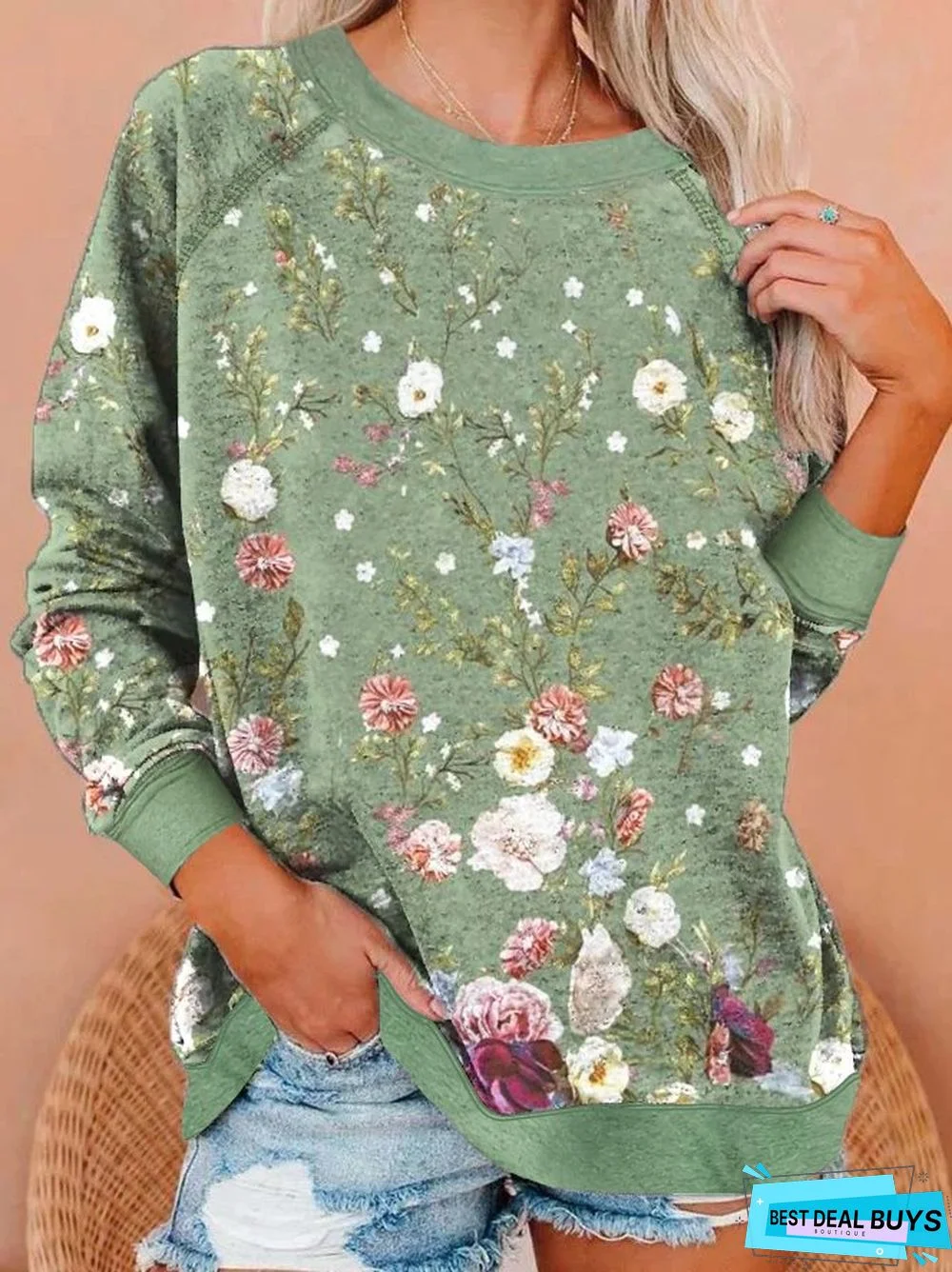 Cotton-Blend Casual Floral Sweatshirt