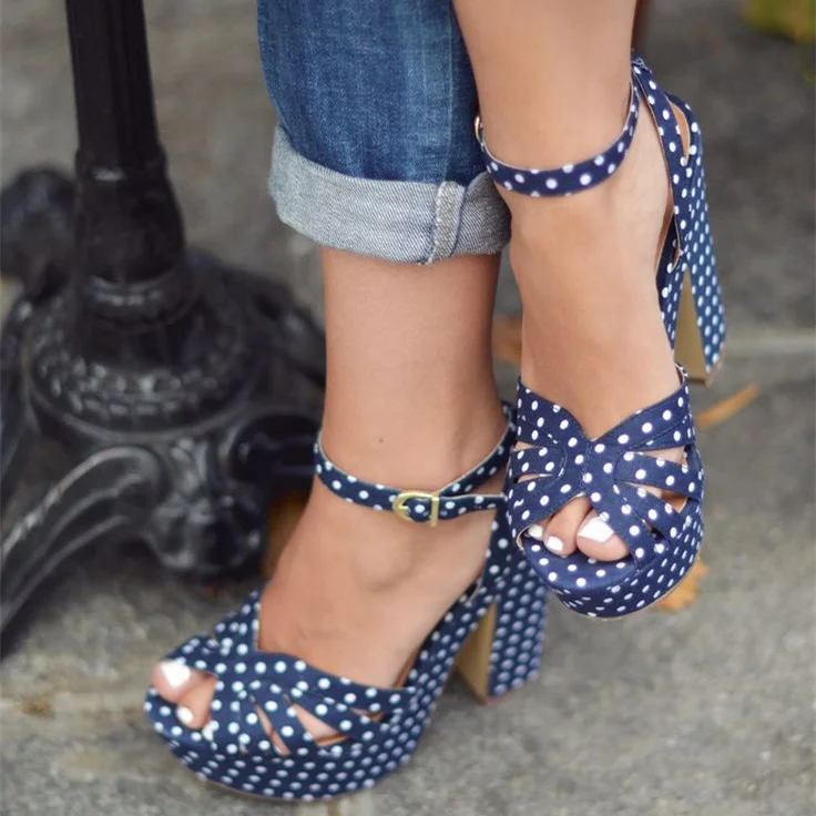 Navy and White Polka Dots Chunky Heels Ankle Strap Slingback Sandals |FSJ Shoes