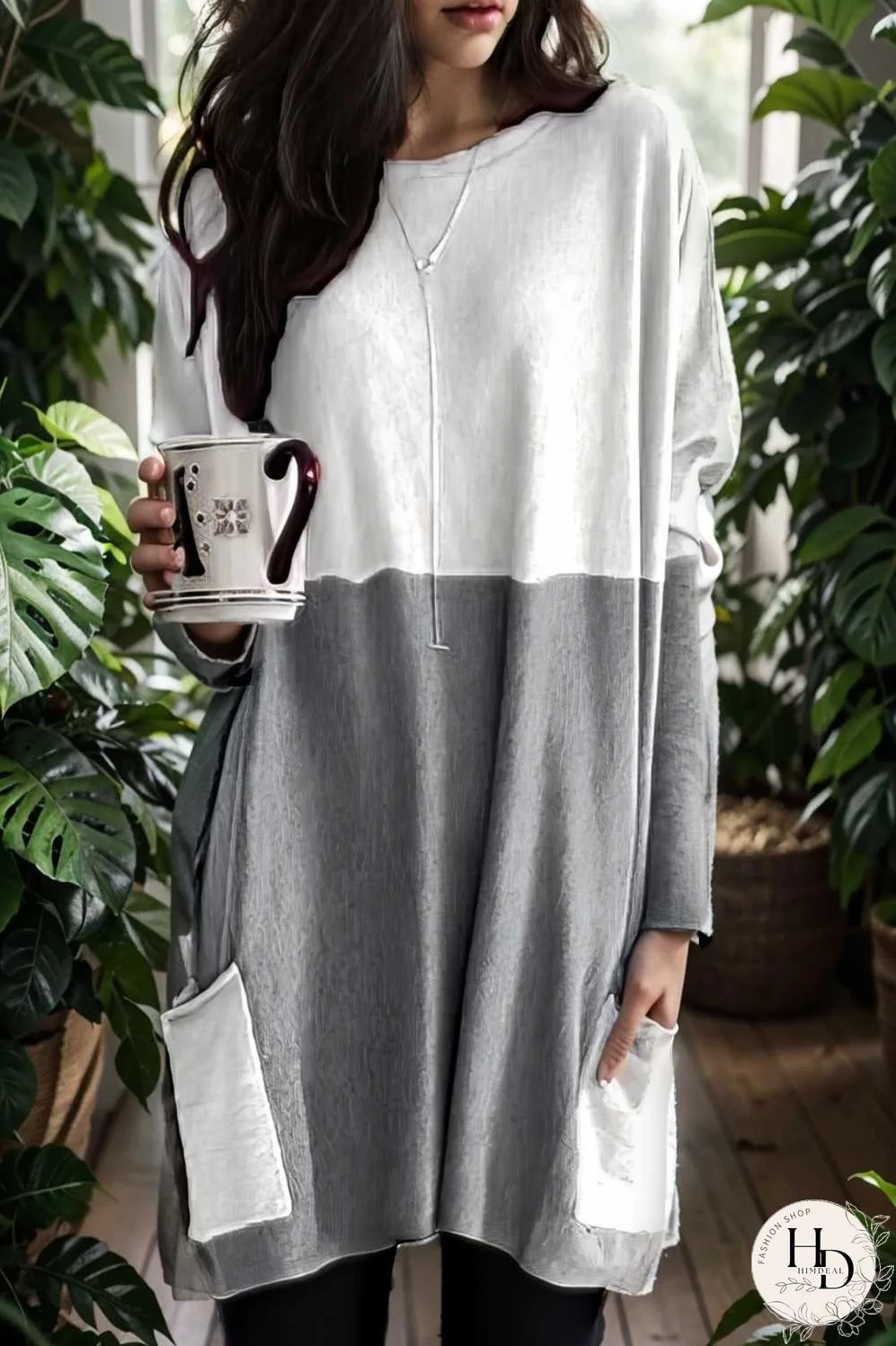 two color stitching pocket loose long sleeve t shirt