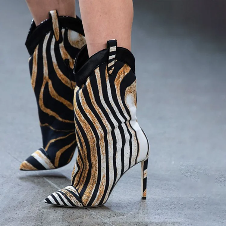 Black & White Stiletto Heel Vintage Pointed Zebra Shoes Mid Calf Boots |FSJ Shoes