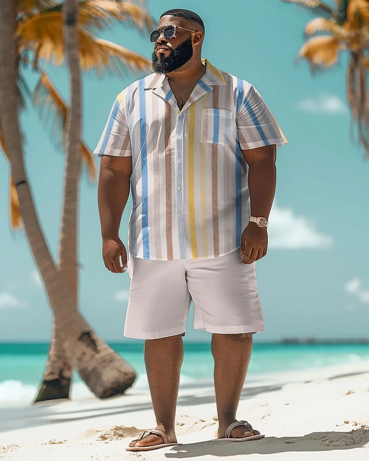 Men's Plus Size Hawaiian Stripe Colorblock Print Shirt Shorts Suit