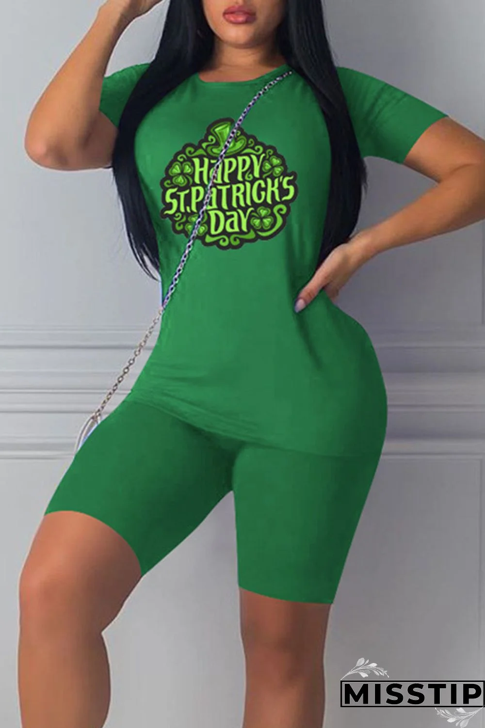 Black Casual Print Patchwork O Neck Short Sleeve Two Pieces