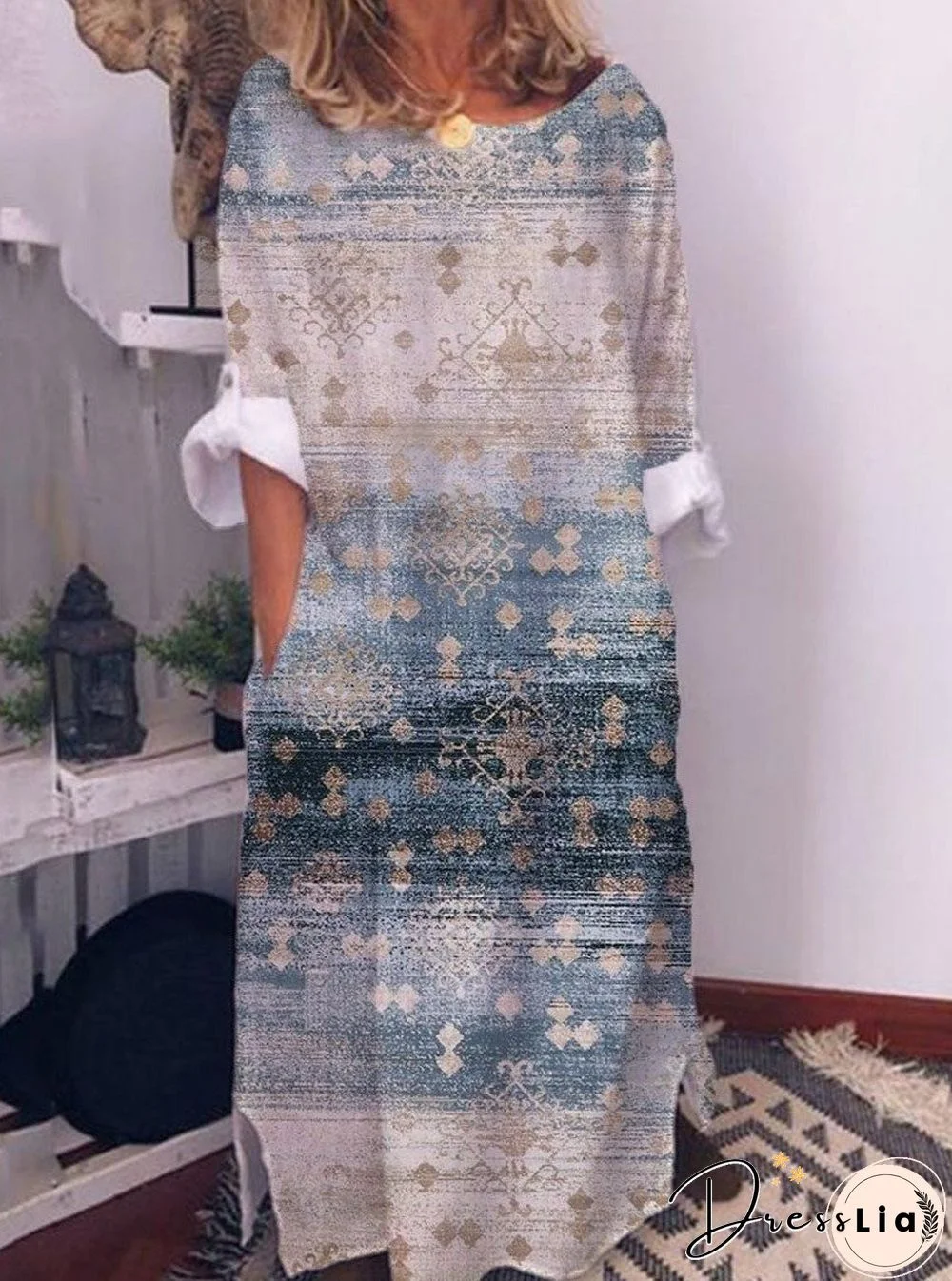 Retro Print Casual Long sleeved Maxi Dress