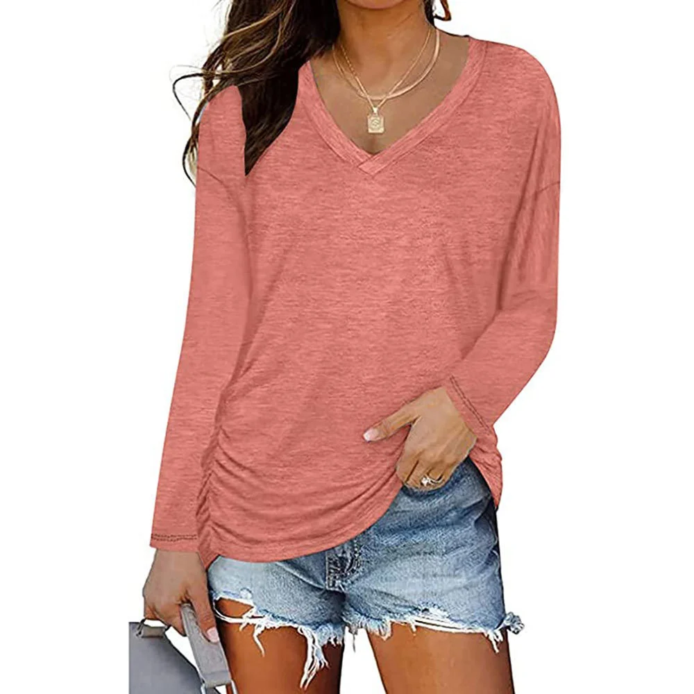 Churchf Churchf New 2023 Autumn / Winter 2023 Women's V-Neck Pleated Long Sleeve T-Shirt Solid Color Loose Casual Top