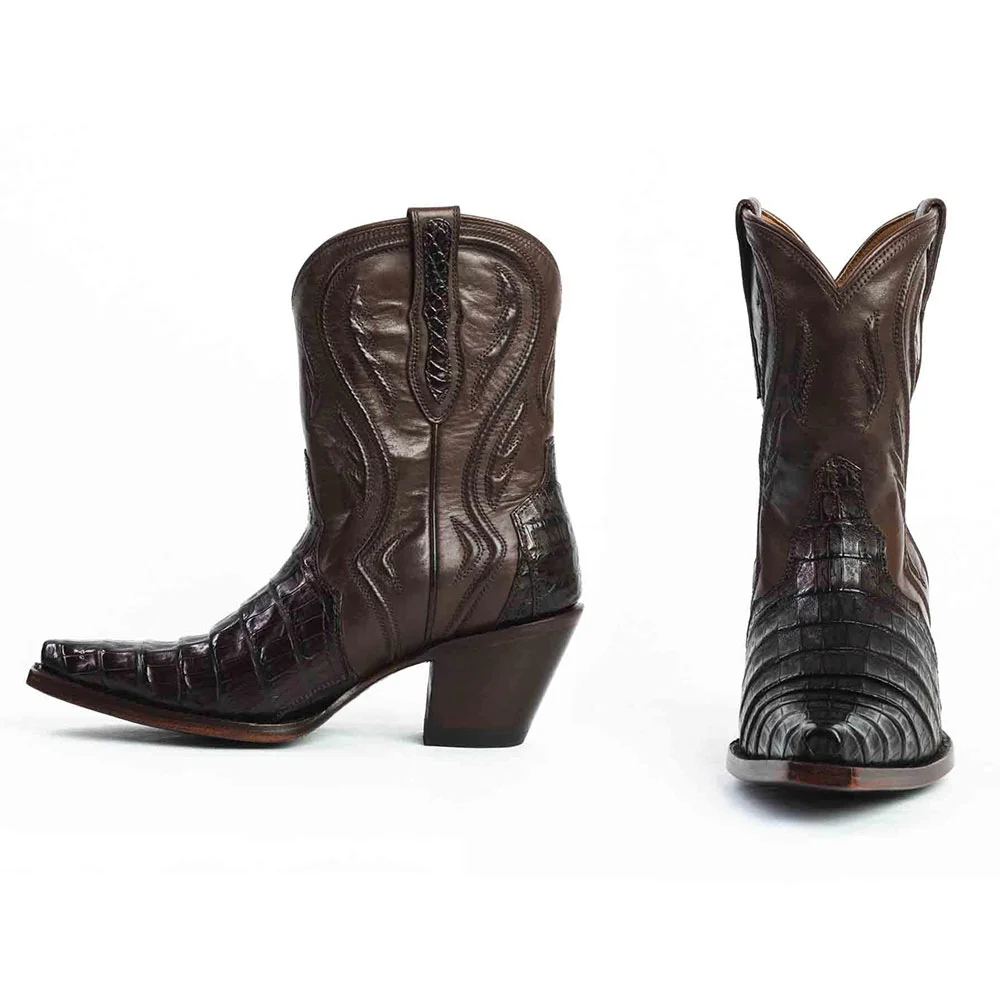 Brown Chunky Heel Croc Embossed Stitch Western Boots for Women