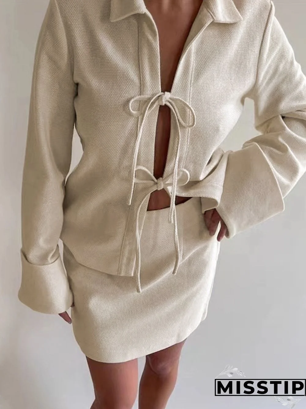 Solid Color Lace Up Cardigan Long Sleeve Blouse