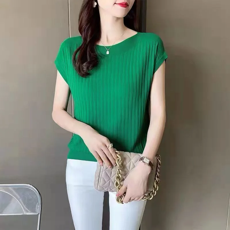 Uveng Uveng Temperament Bat Sleeve Short-Sleeved T-Shirt For Women's 2024 Summer Wear New Black Ice Silk Knitted Shirt Loose Word Collar Top