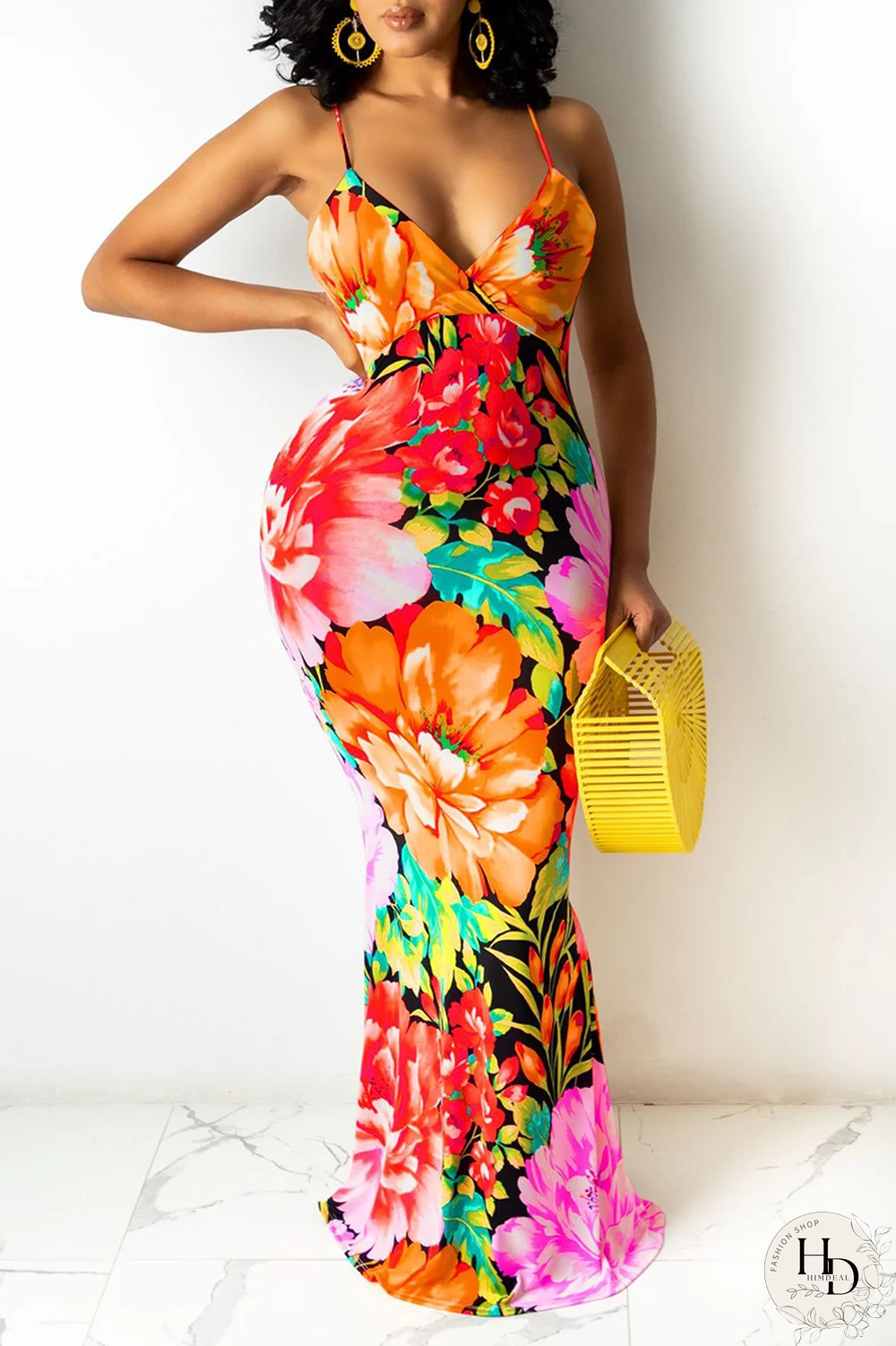 Yellow Sexy Patchwork Split Joint Spaghetti Strap Pencil Skirt Dresses