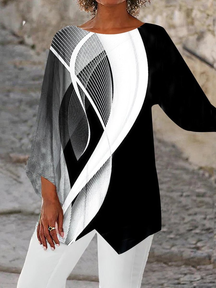 Women Asymmetrical 3/4 Sleeve Scoop Neck Striped Stitching Tops