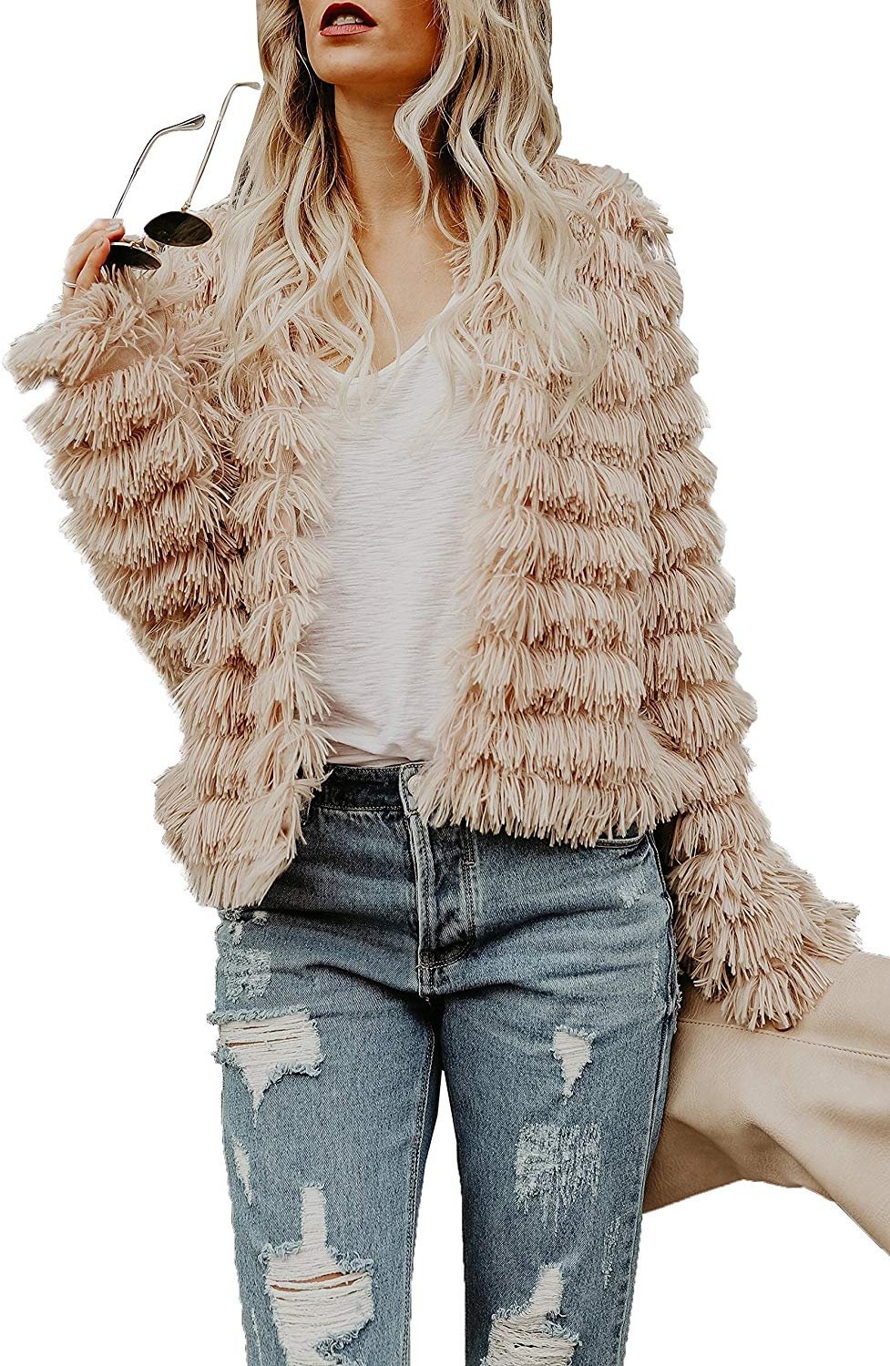 Womens Open Front Faux Fur Coat Vintage Parka Shaggy Jacket Cardigan