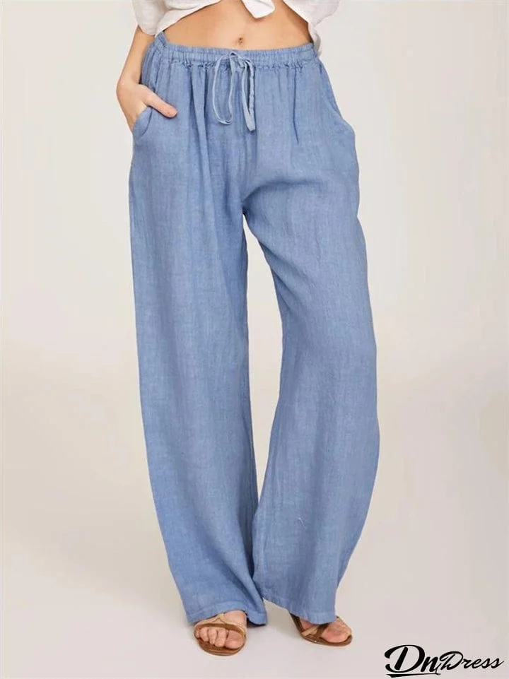 Casual Fit Solid Color Drawstring Pocket Wide-Leg Linen Pants