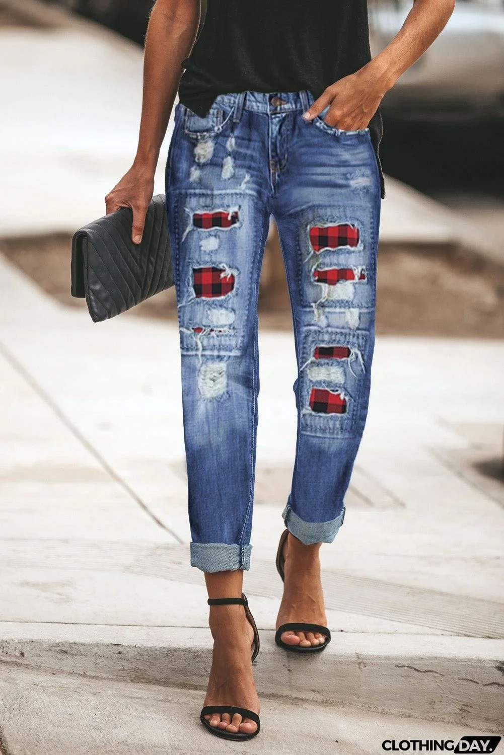 Ripped Plaid Straight Legs Jeans