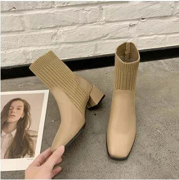 Ankle Boots Women Boots Women Shoes Fashion Square Heel PU Square Toe Stretch Socks Boots 2020 Autumn New Style Short Boots D516