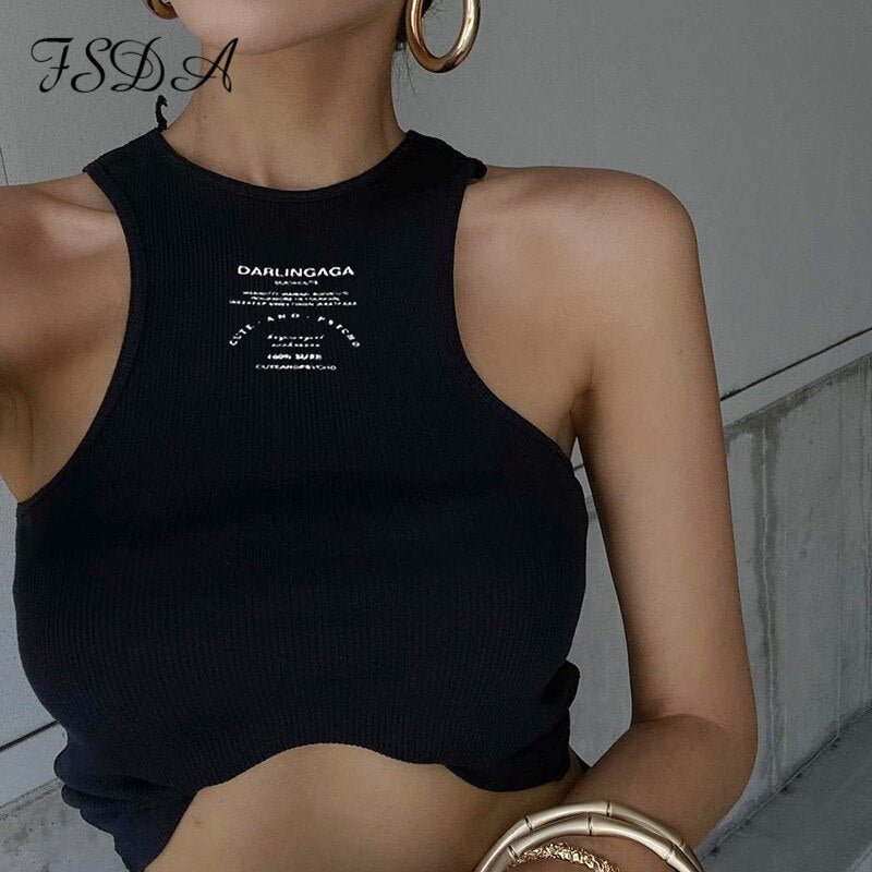 2022 Letter Print Crop Top Women Casual Summer Off Shoulder Black Basic Sexy White Ribber Fashion Tank Tops Sleeveless