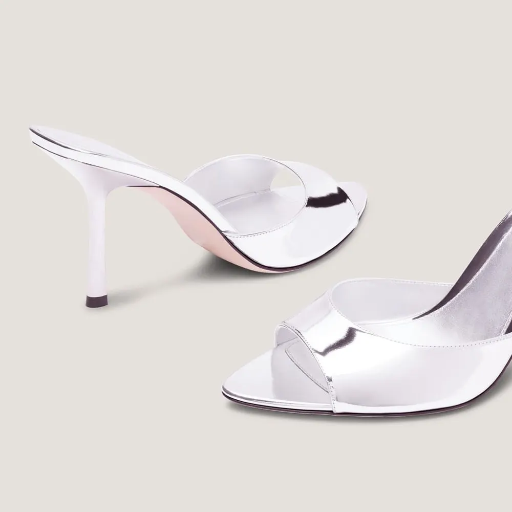 Patent Leather Open Toe Stiletto Heel Silver Slip On Summer Sandals