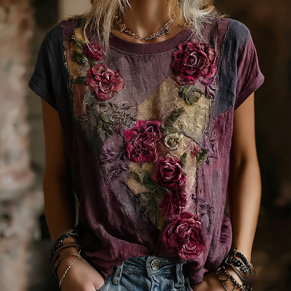 Women's Retro Faded Rose Woven Embroidered Purple Patchwork Cotton Linen Round Neck Short Sleeve Top elevenforest