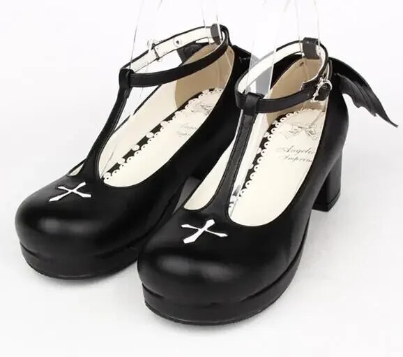 VCshoesWoman Mori Girl Lolita Cosplay Shoes Lady Mid Heels Pumps Women Princess Dress Party Shoes Angel Wings 44