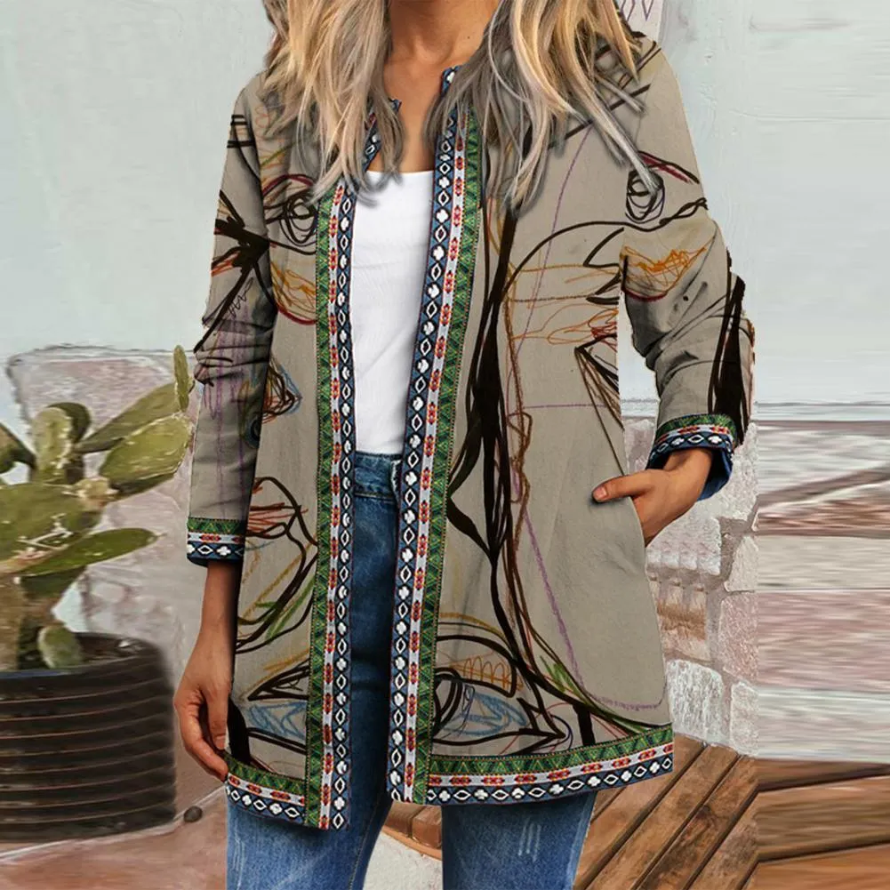 Autumn Women Jackets Female Cardigan Loose Streetwear Women Coat Ethnic Pocket Vintage Anti-shrinking Women Coat Loose Outerwear
